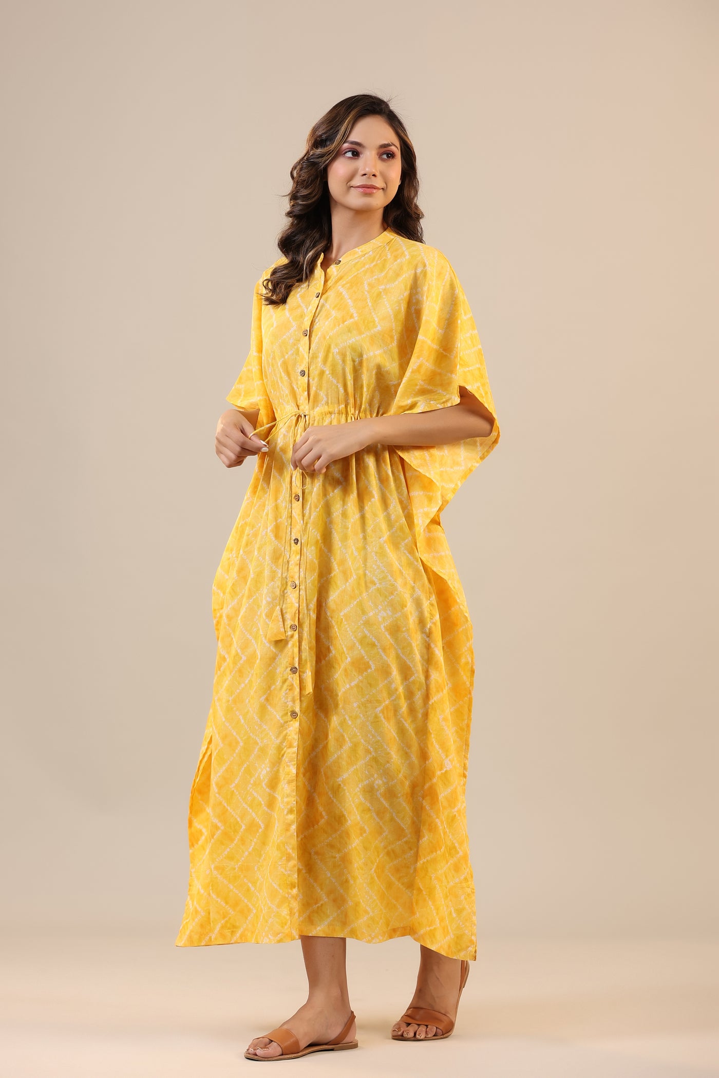 Zigzag Shibori on Yellow Front Buttoned cotton Kaftan
