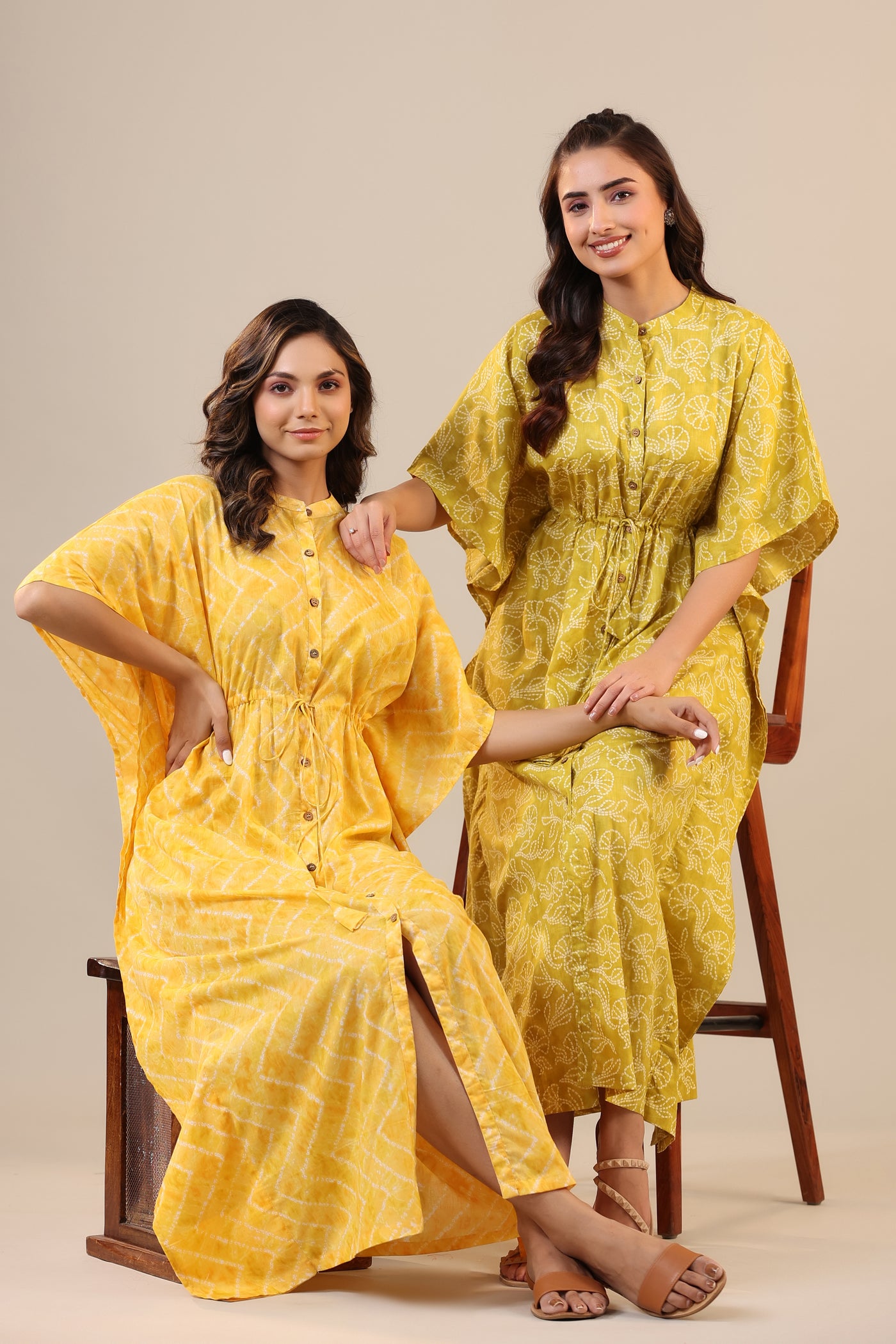 Floral Shibori on Yellow Front Buttoned Cotton Kaftan