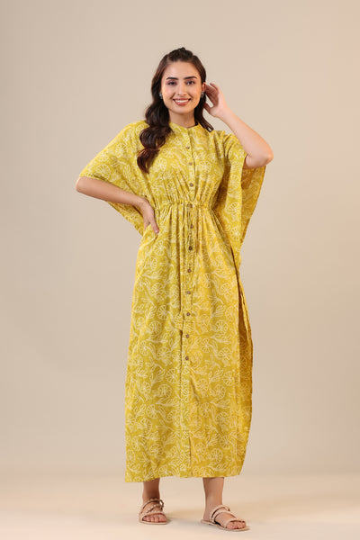 Floral Shibori on Yellow Front Buttoned Cotton Kaftan