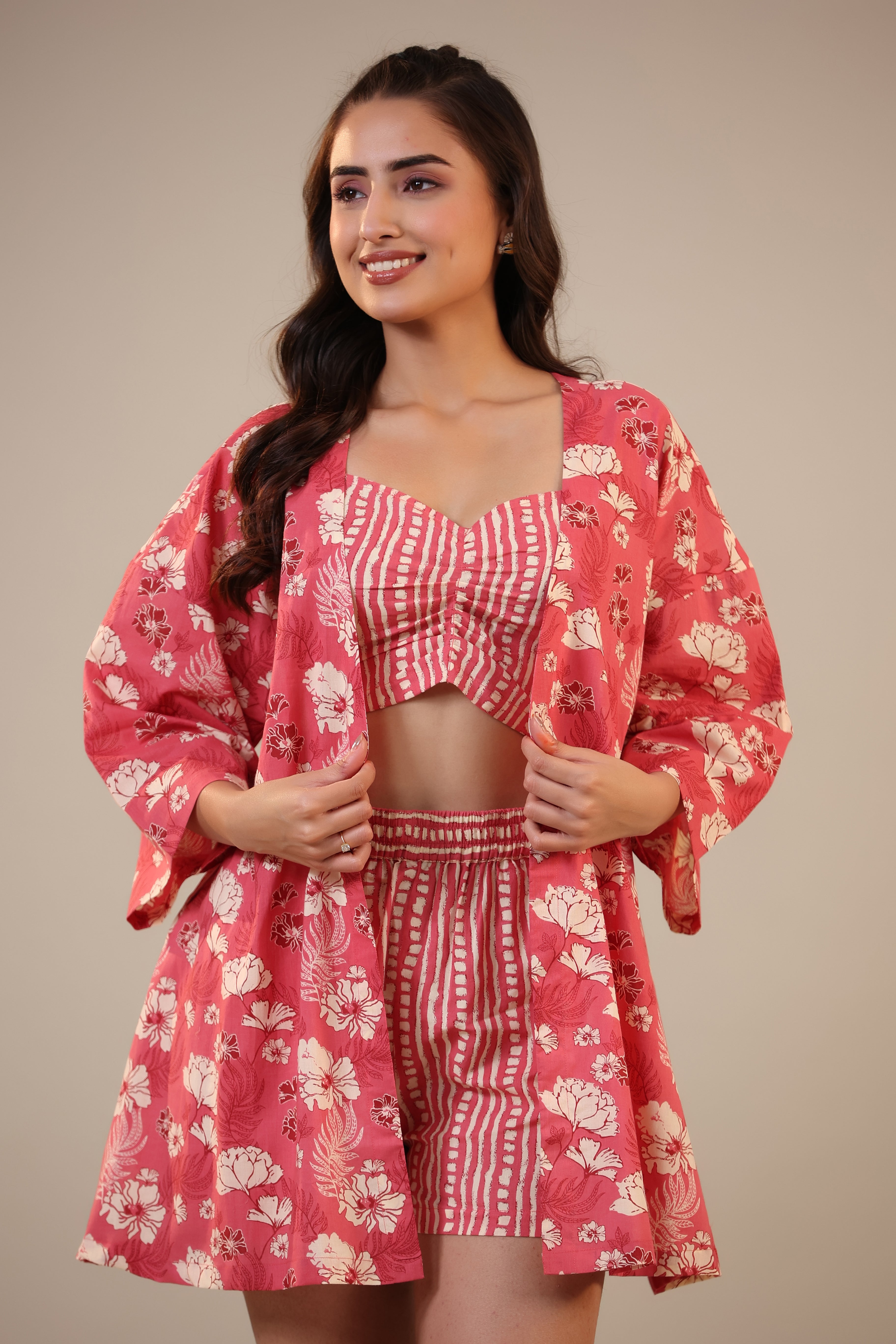 Pink berry on Crop Three Piece Shorts set