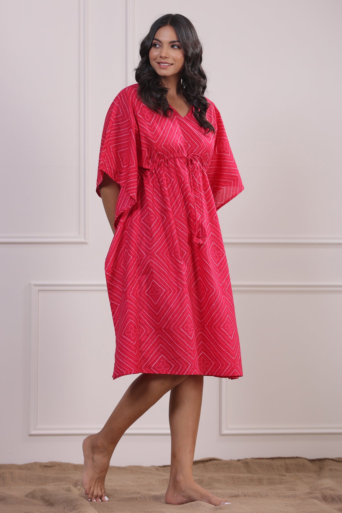 Bandhej on Pink Midi Kaftan