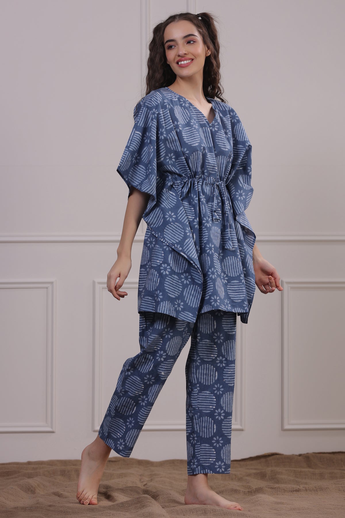 Bagru Print Blue Kaftan Pyjama Set