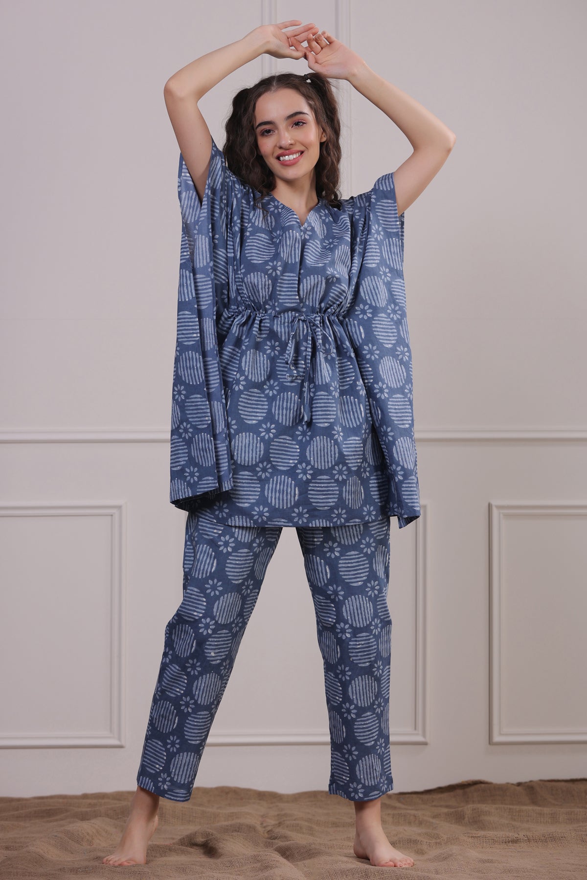 Bagru Print Blue Kaftan Pyjama Set