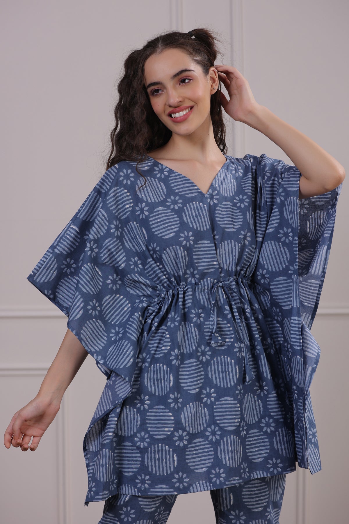 Bagru Print Blue Kaftan Pyjama Set