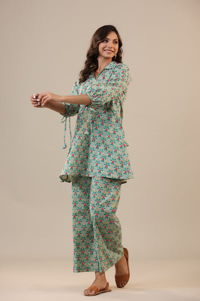 Ikat Checkered Florals on Cotton Collared Loungewear Set