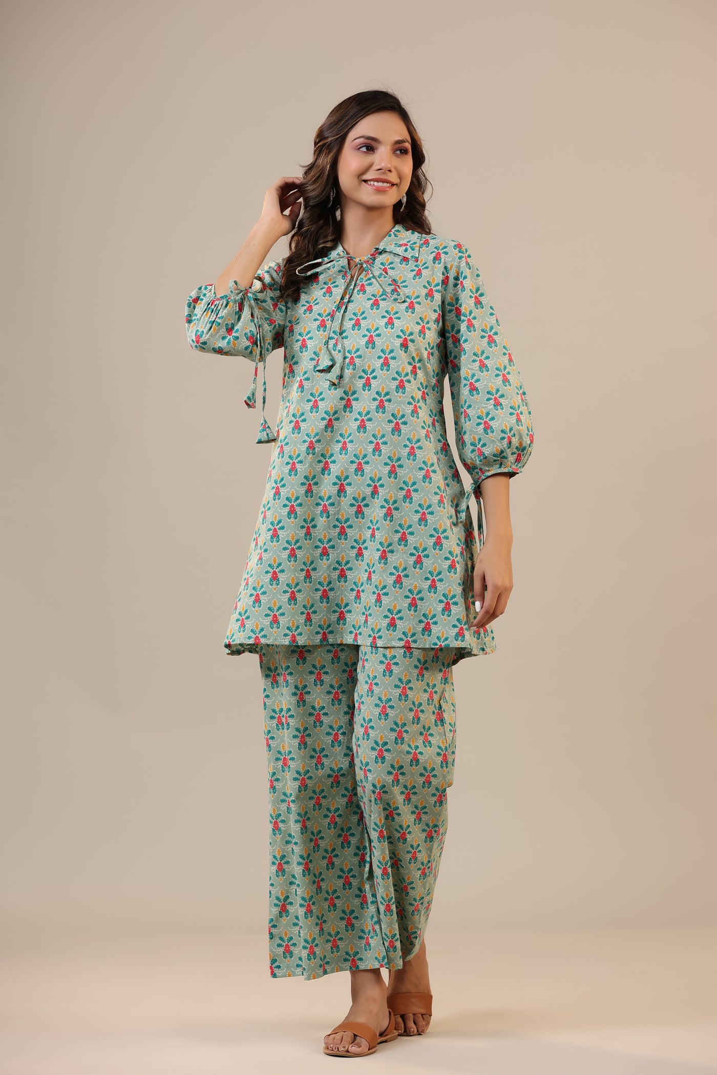 Ikat Checkered Florals on Cotton Collared Loungewear Set
