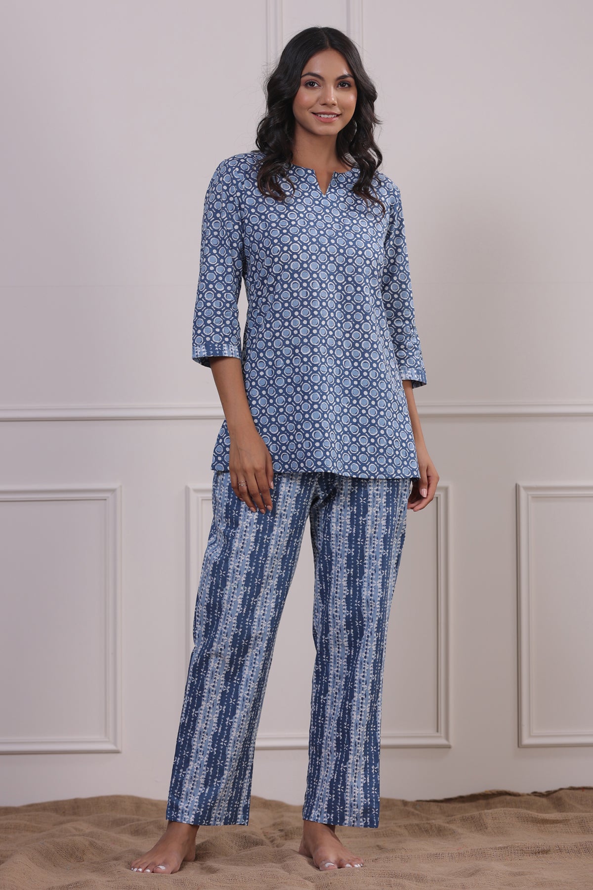 Geometric Patterns on Sky Blue Loungewear Top Set