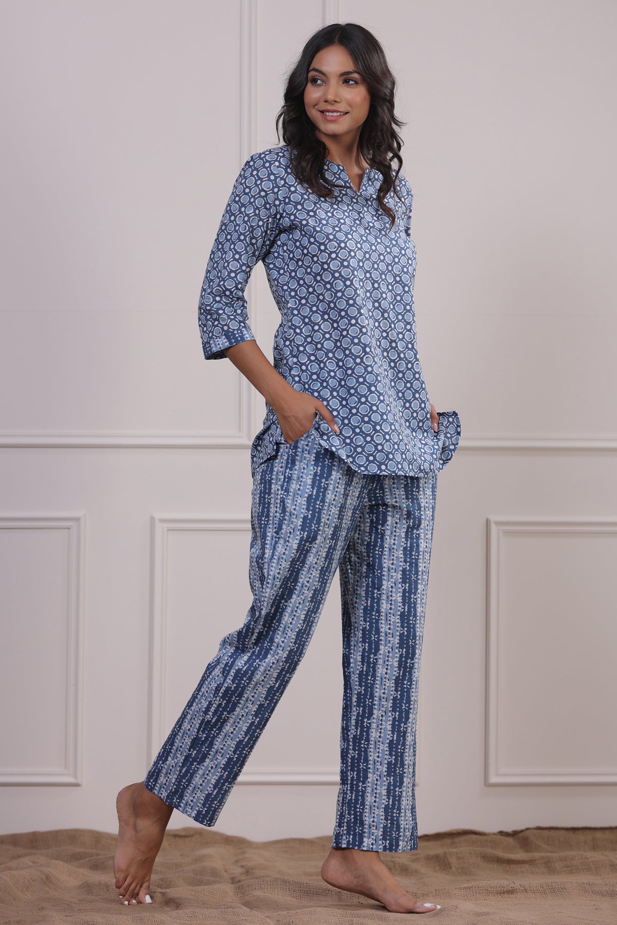 Geometric Patterns on Sky Blue Loungewear Top Set