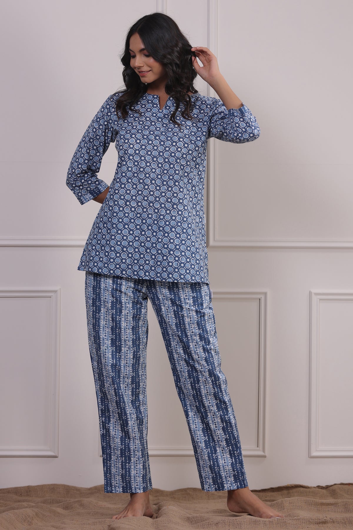 Geometric Patterns on Sky Blue Loungewear Top Set