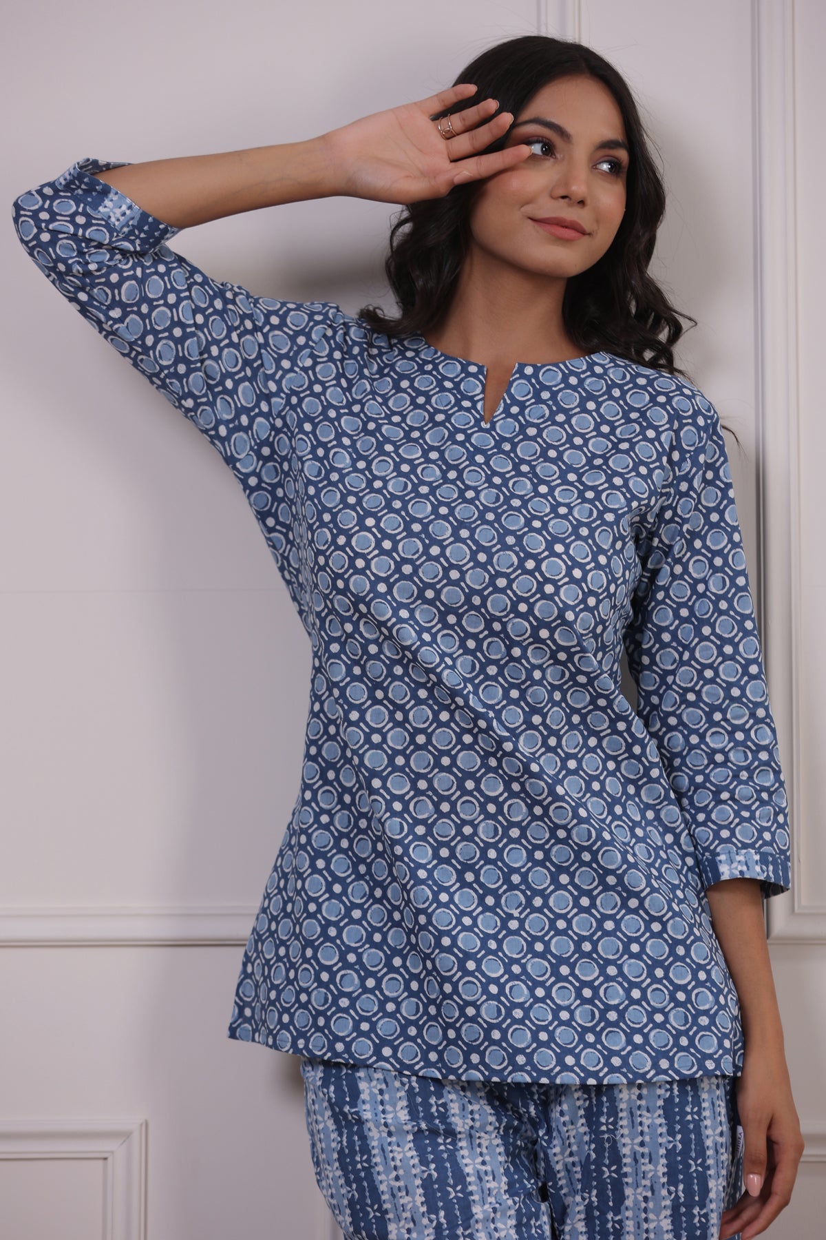 Geometric Patterns on Sky Blue Loungewear Top Set