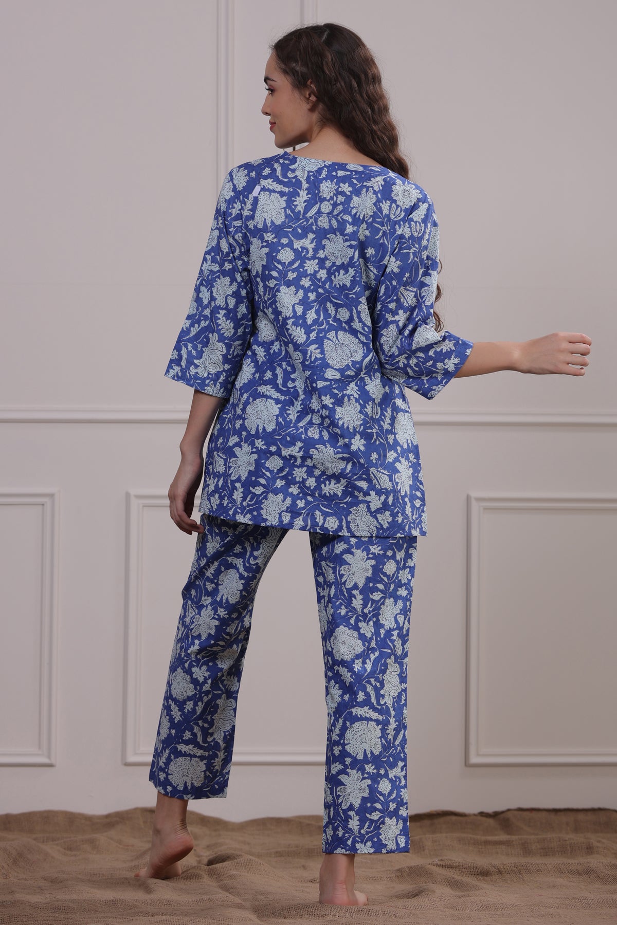 Floral Jaal On Blue Loungewear Top Set