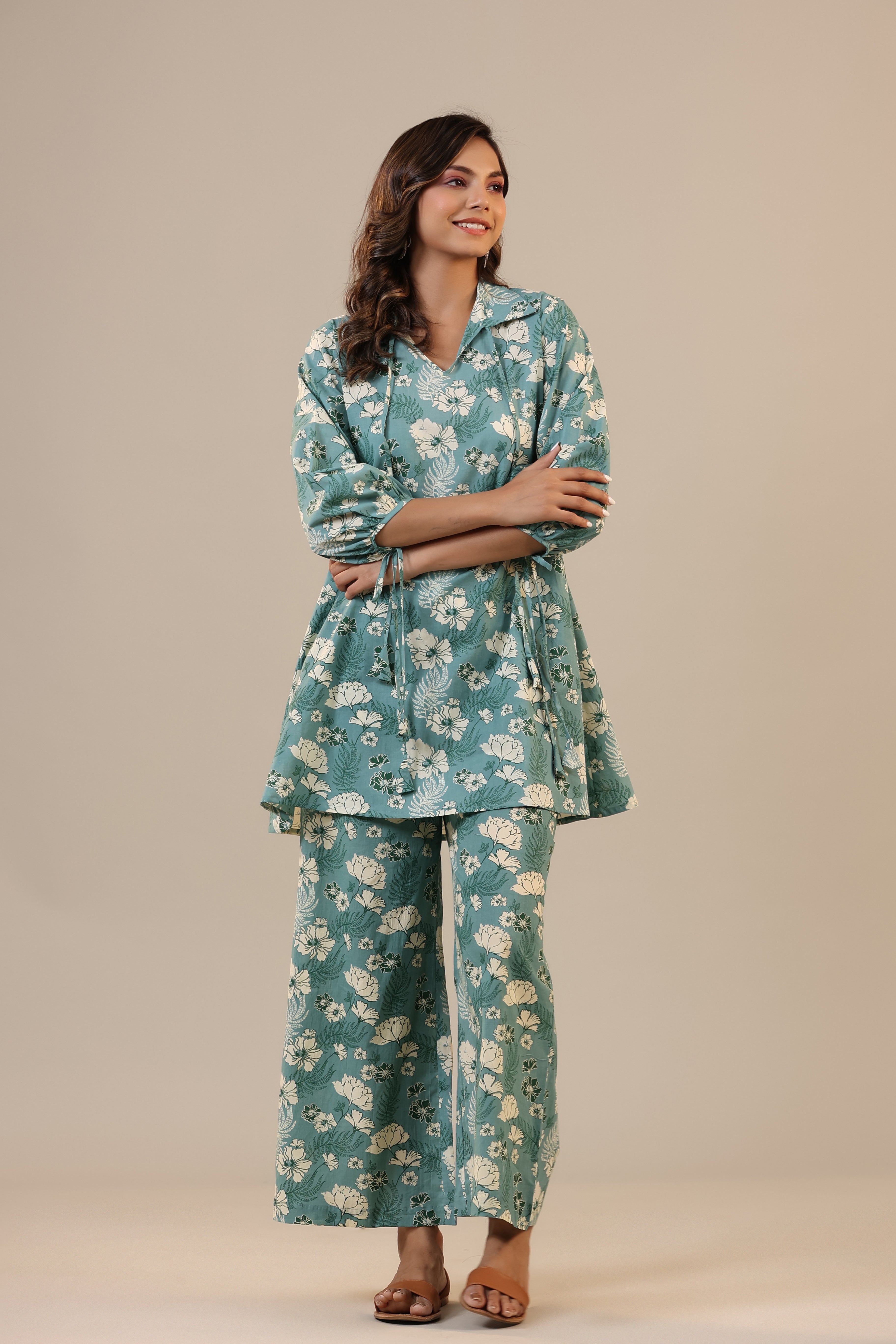 Jasmine on light Blue Cotton Collared Loungewear Set