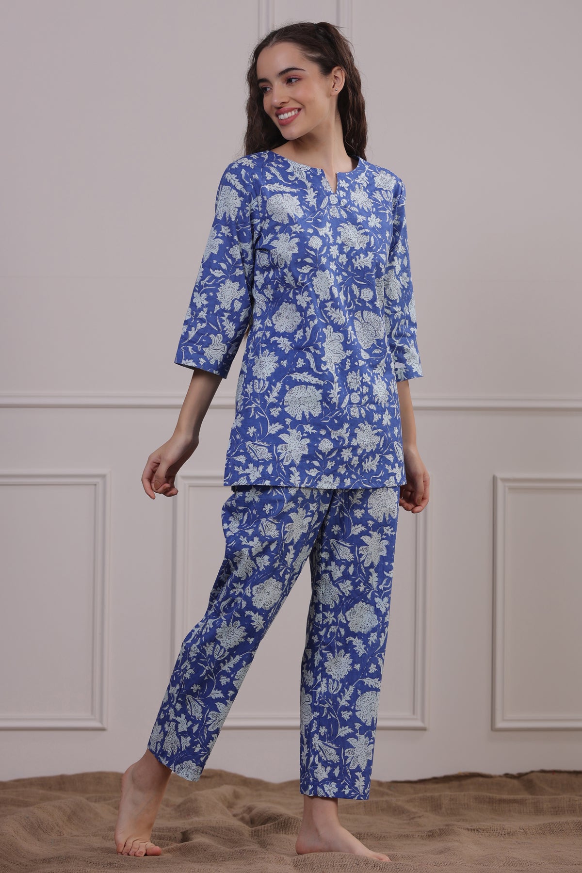 Floral Jaal On Blue Loungewear Top Set