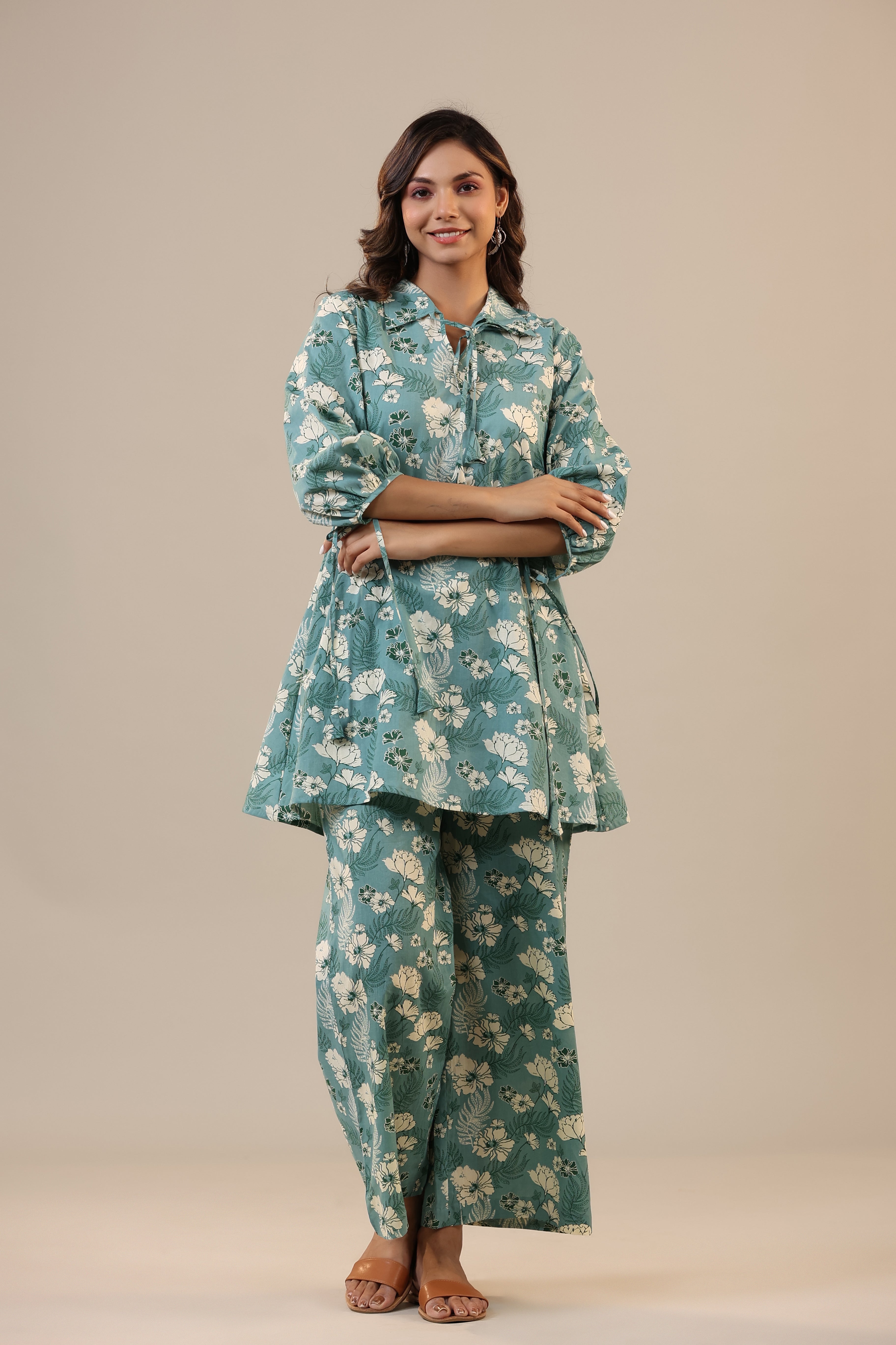 Jasmine on light Blue Cotton Collared Loungewear Set