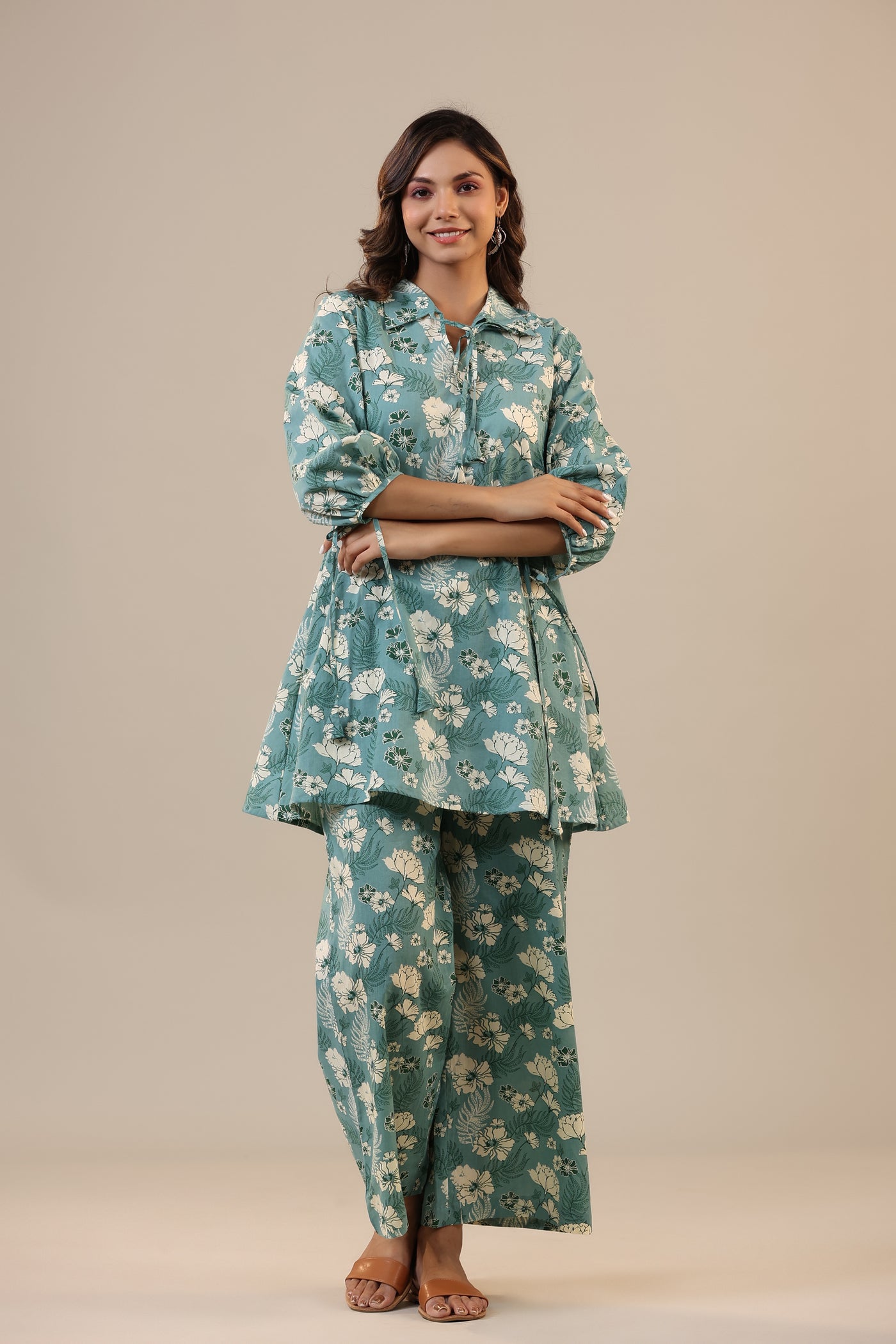 Jasmine on light Blue Cotton Collared Loungewear Set