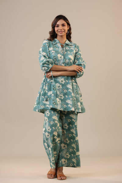 Jasmine on light Blue Cotton Collared Loungewear Set