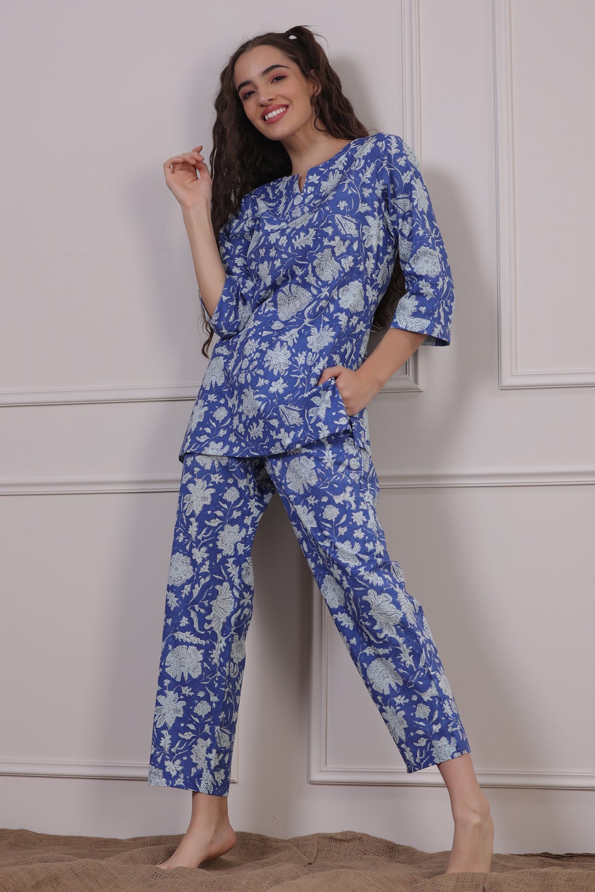 Floral Jaal On Blue Loungewear Top Set