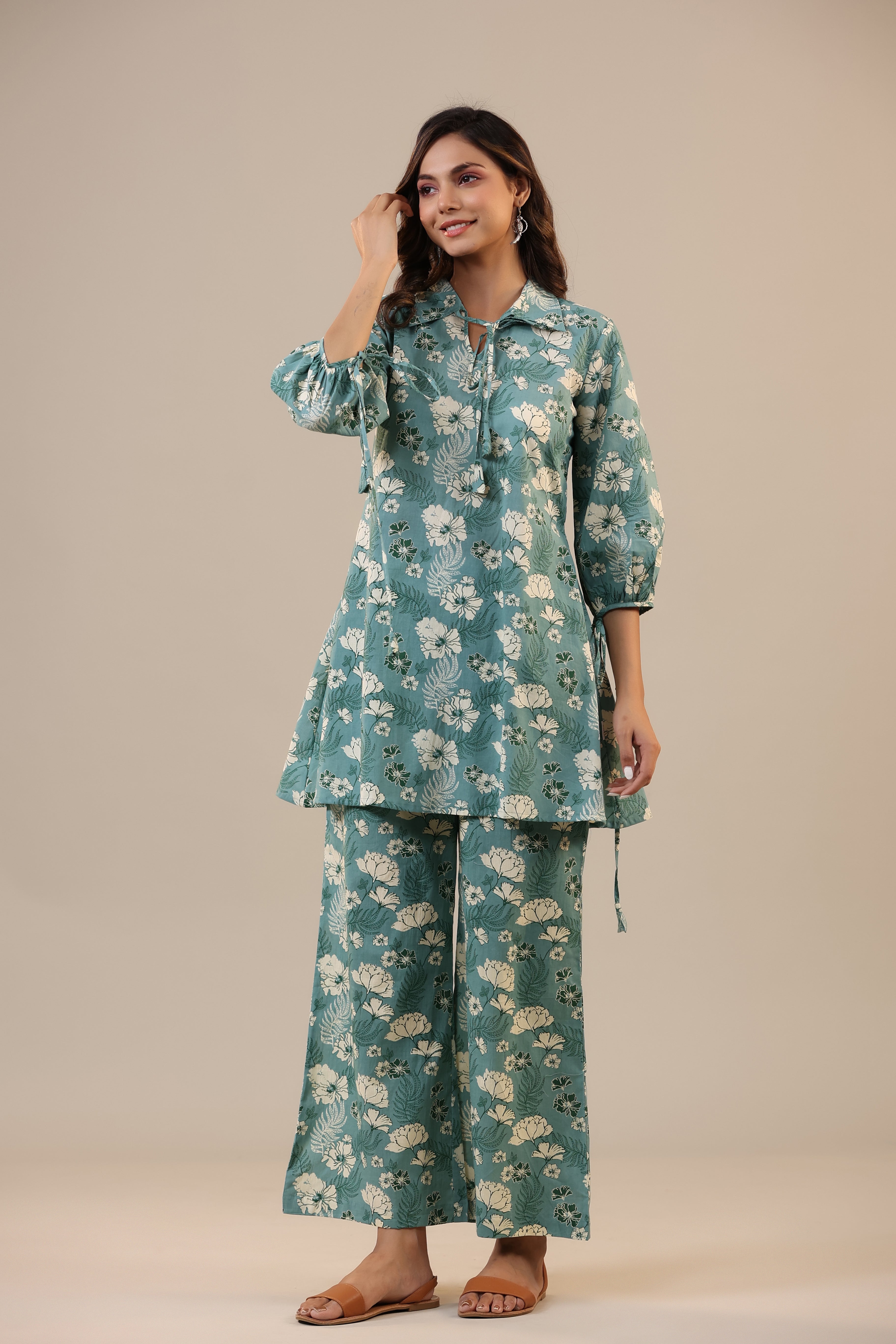 Jasmine on light Blue Cotton Collared Loungewear Set