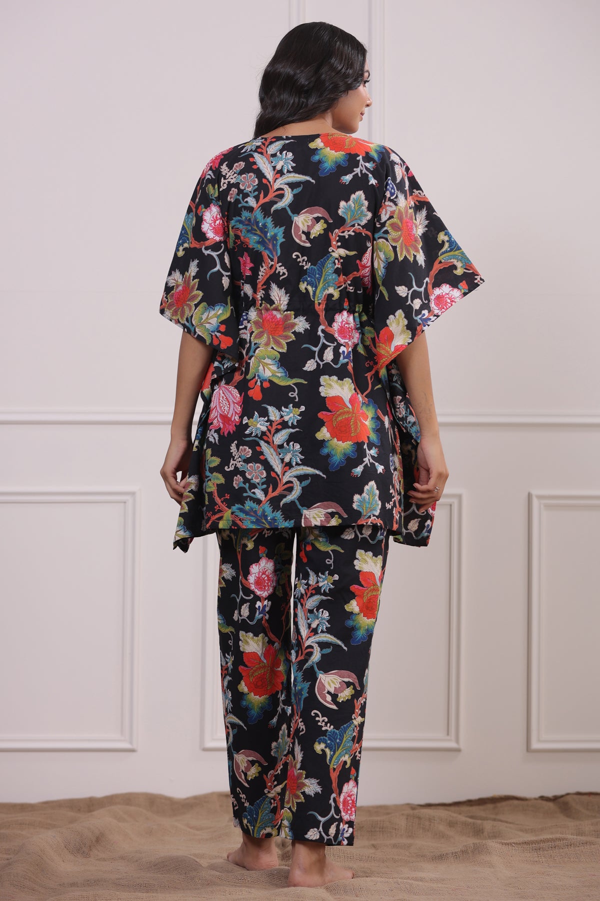 Multicoloured Jaal on Black Kaftan Pyjama Set