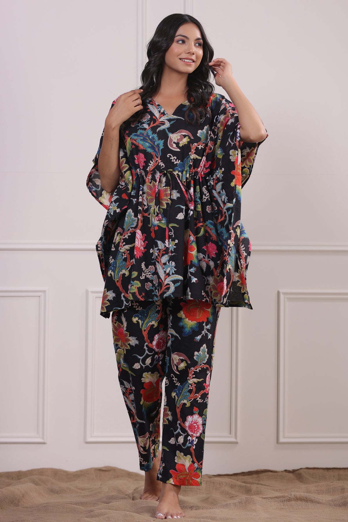 Multicoloured Jaal on Black Kaftan Pyjama Set