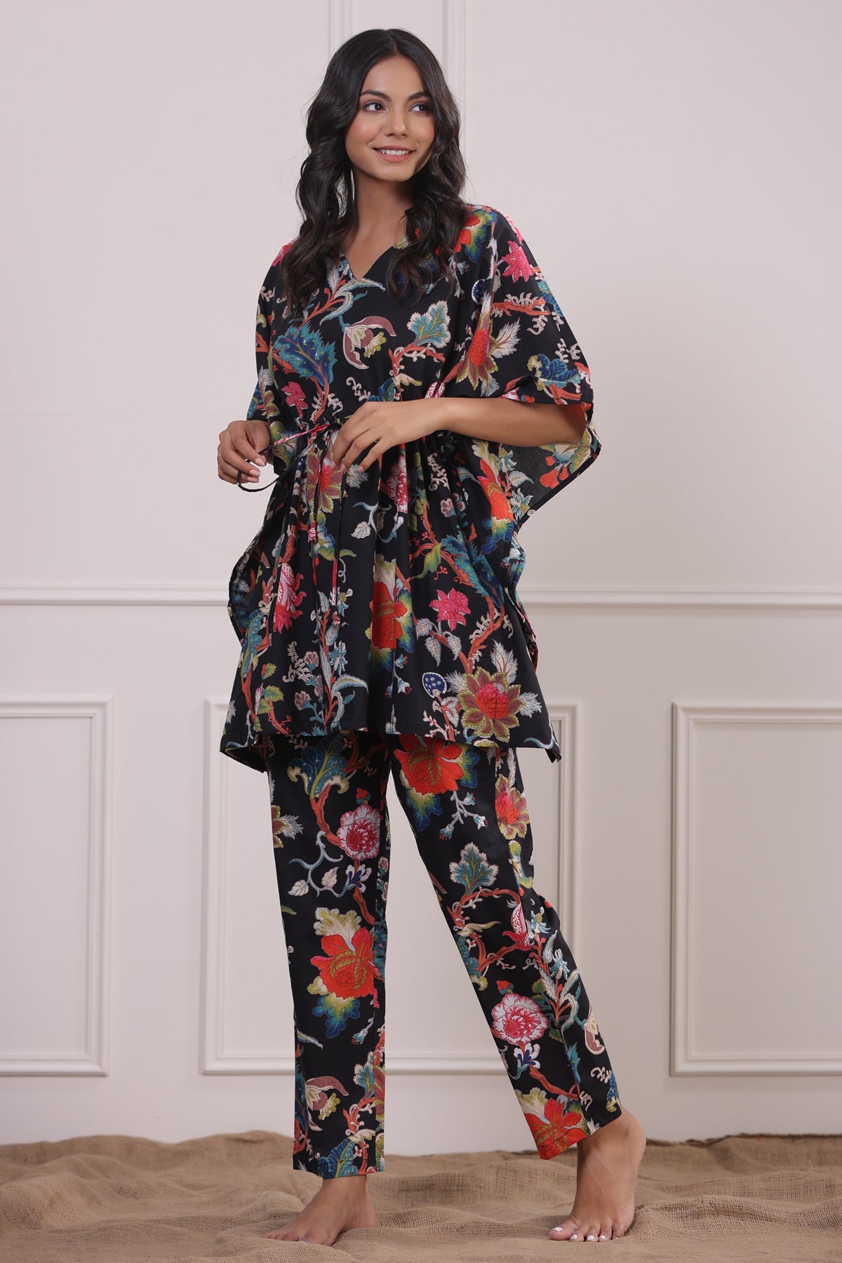 Multicoloured Jaal on Black Kaftan Pyjama Set