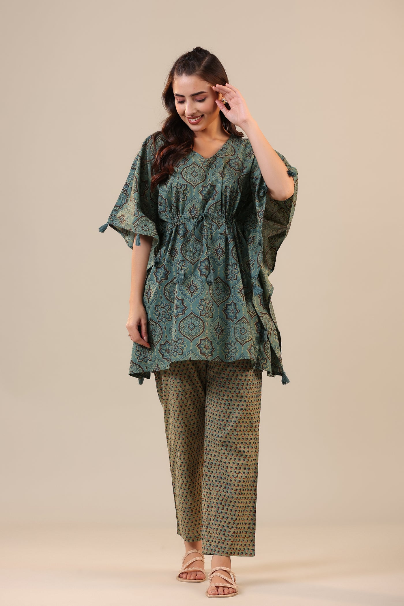 Ajrakh with Booti on Green Cotton Kaftan Pajama set