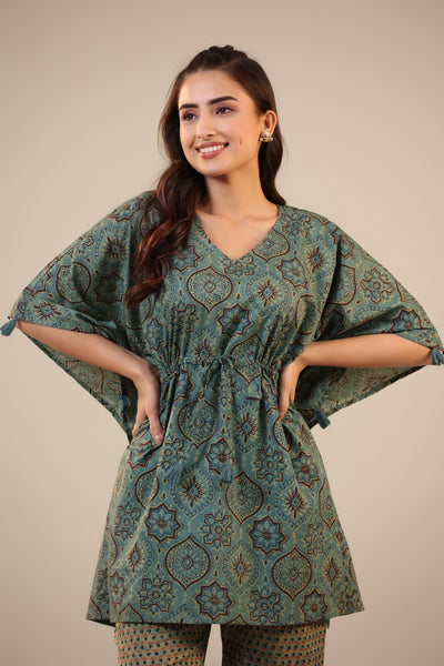 Ajrakh with Booti on Green Cotton Kaftan Pajama set