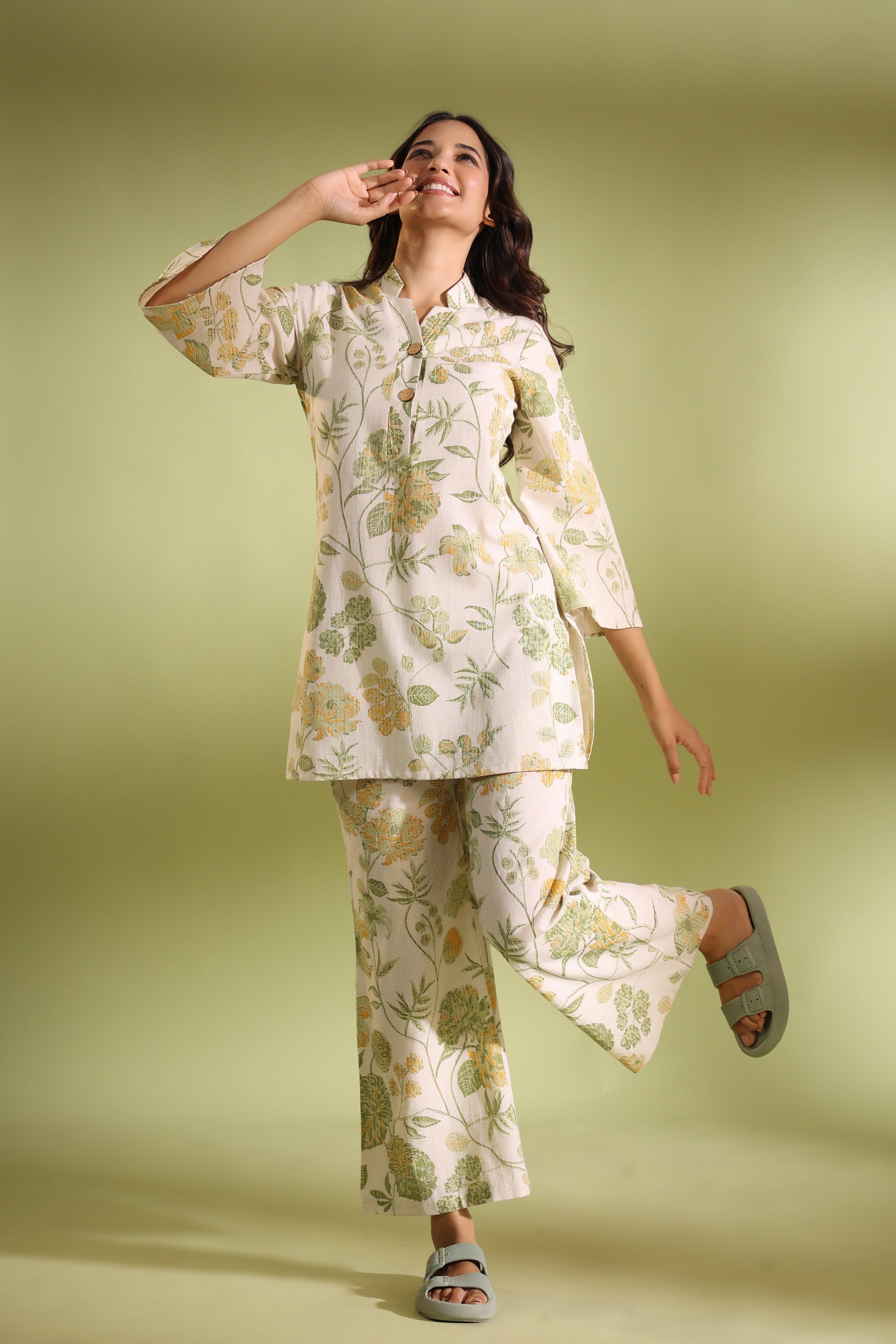 Flora Off White Cotton Flex Palazzo Loungewear Set