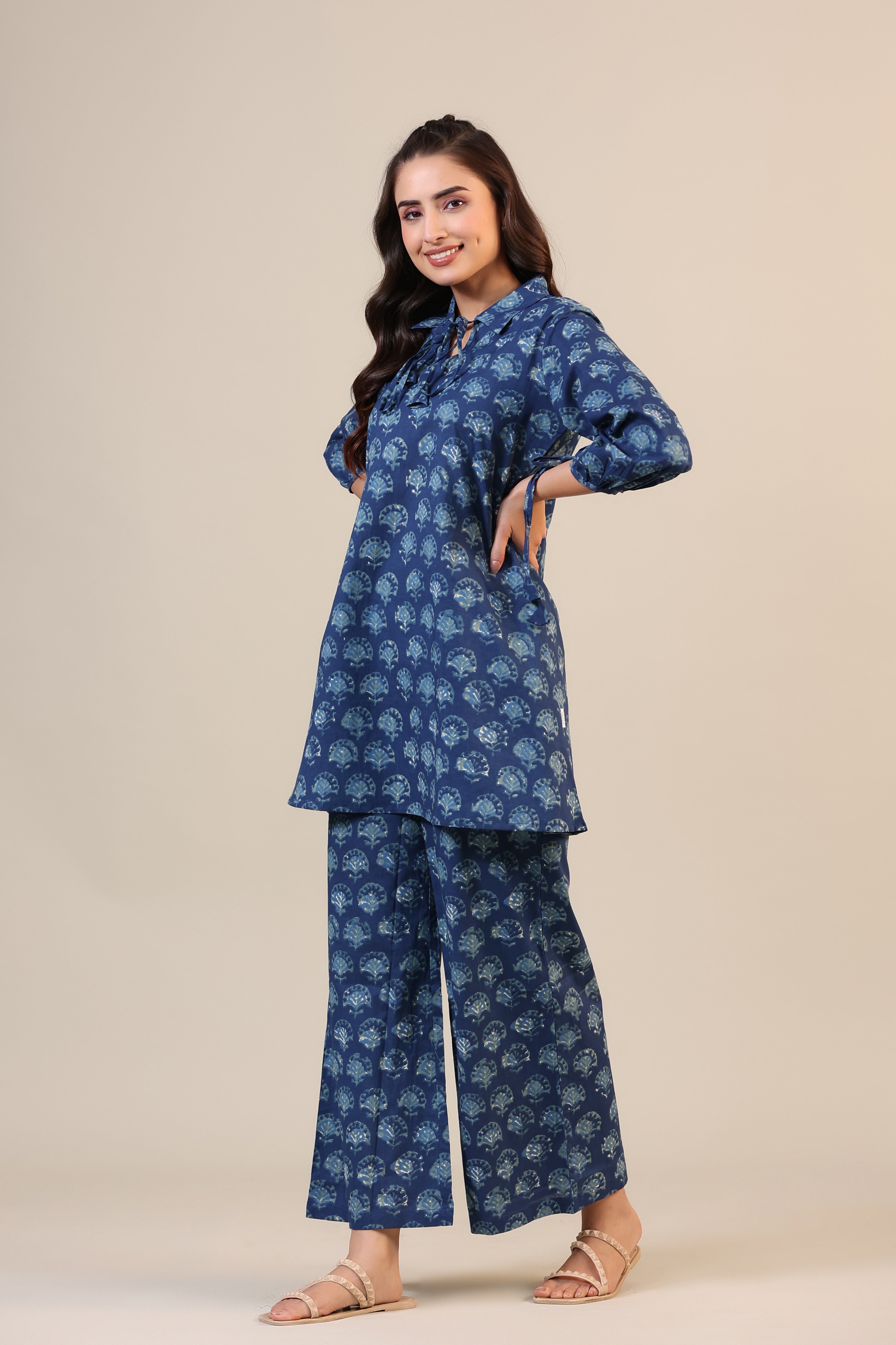 Stamped Motifs on Blue Collared Cotton Loungewear Set