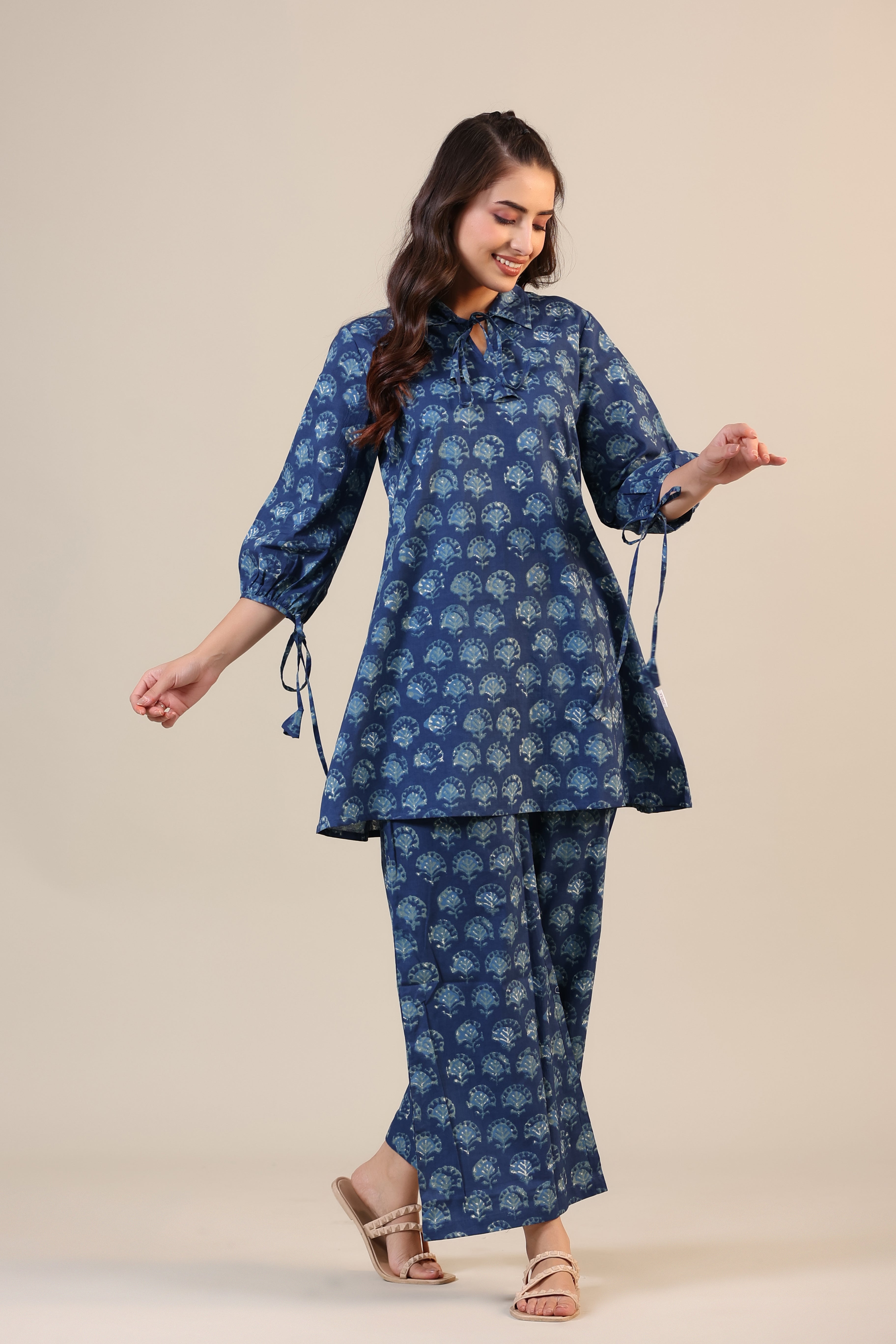 Stamped Motifs on Blue Collared Cotton Loungewear Set