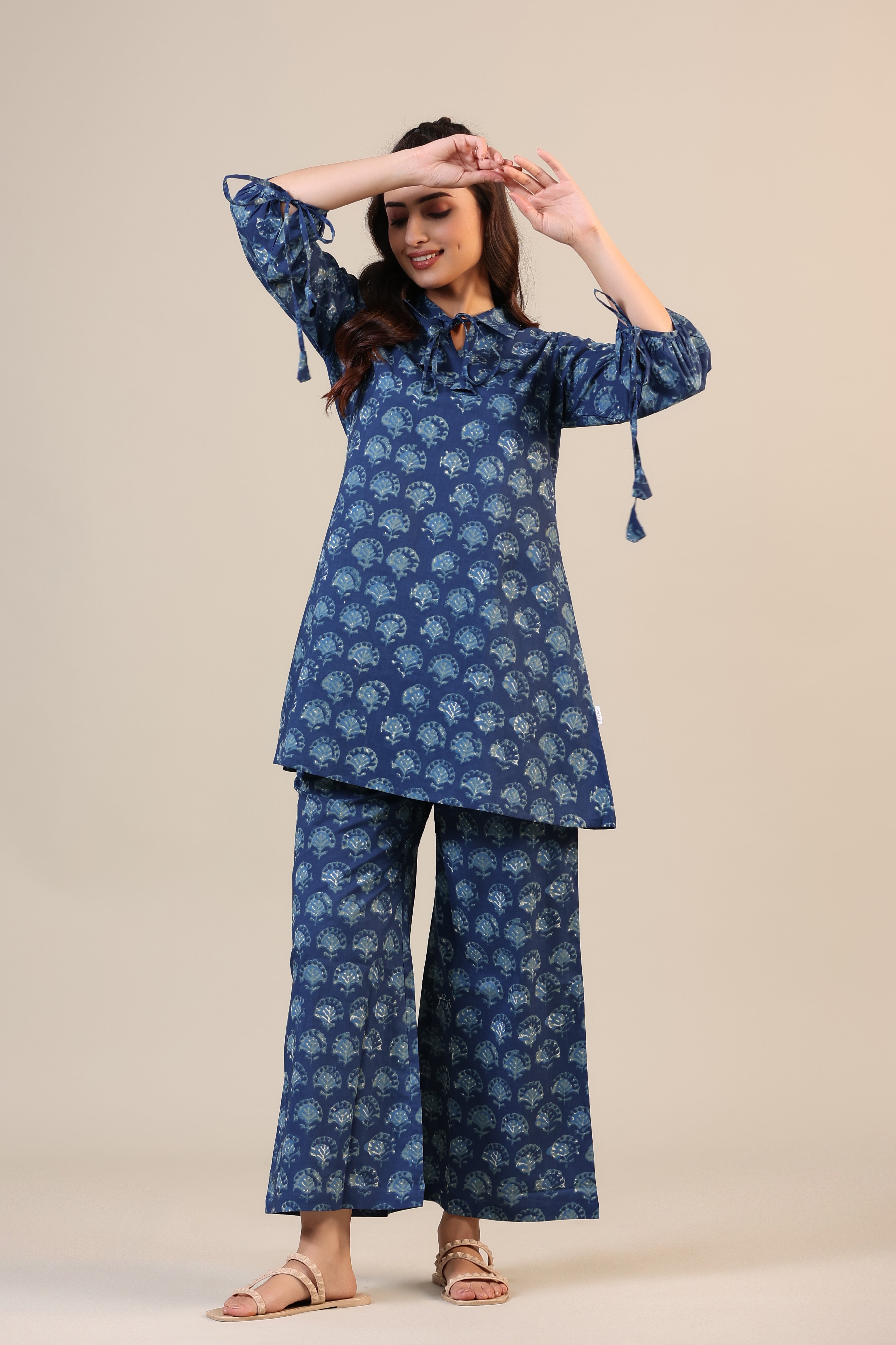 Stamped Motifs on Blue Collared Cotton Loungewear Set