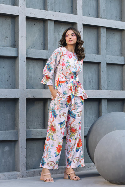 Floral Jaal on Pink Front Tie Silk Co ord set