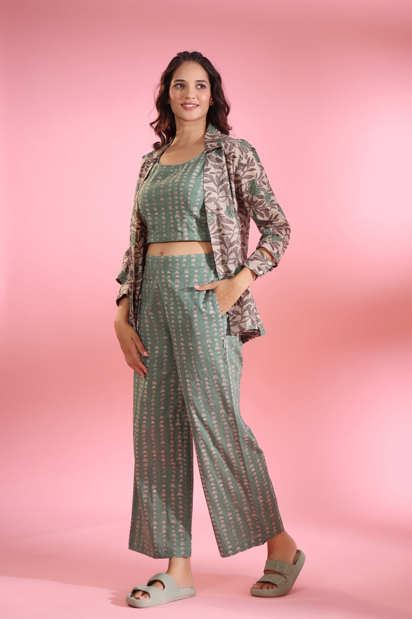 Parallel Lines with Grey Floral Shrug Cotton Three piece set