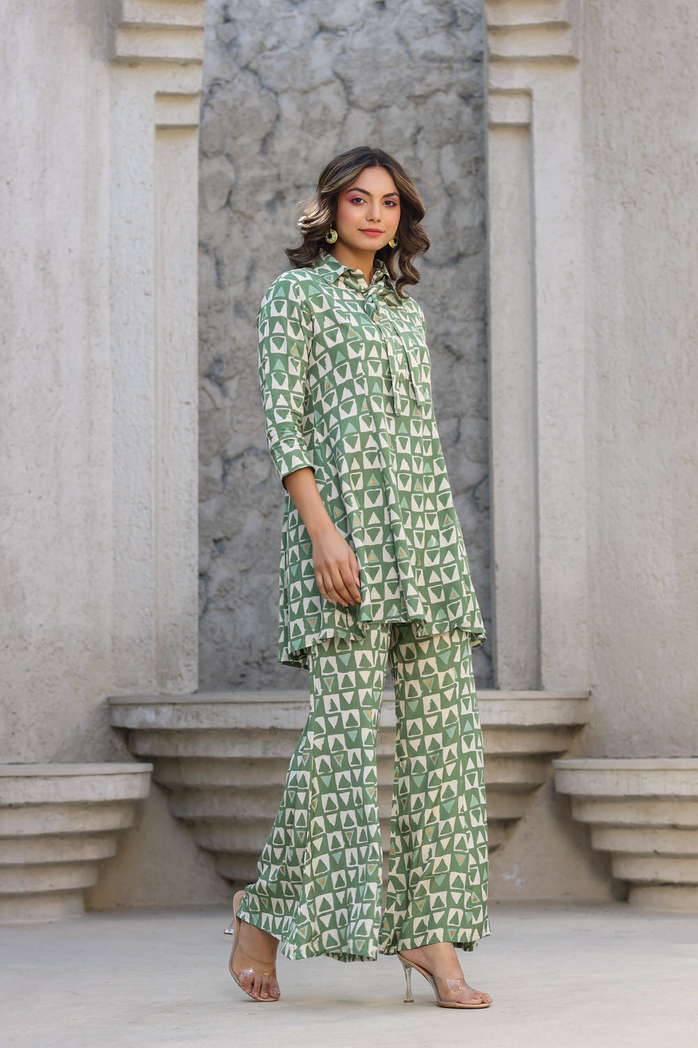 Abstract print on Green Muslin Silk Co ord Set