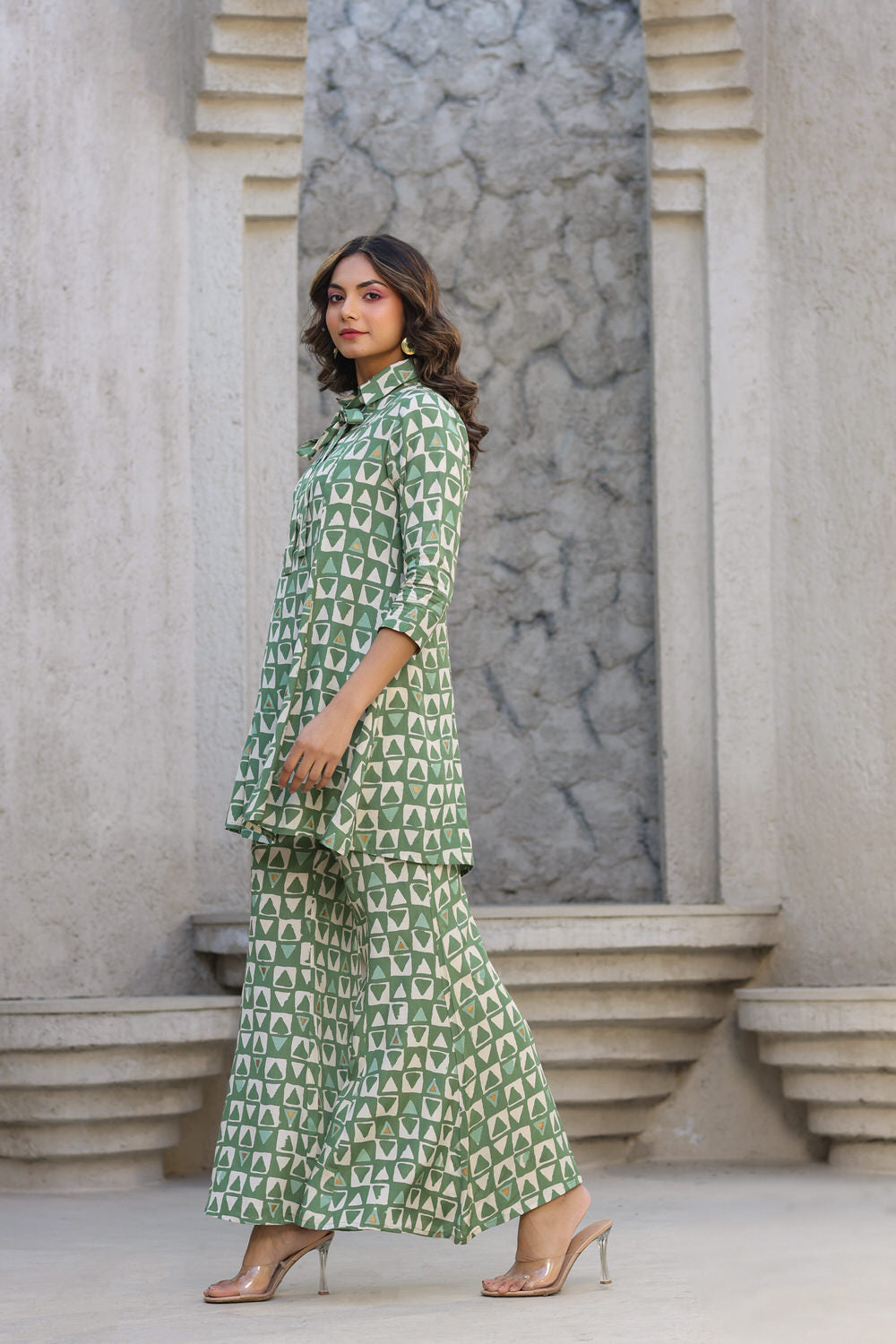 Abstract print on Green Muslin Silk Co ord Set