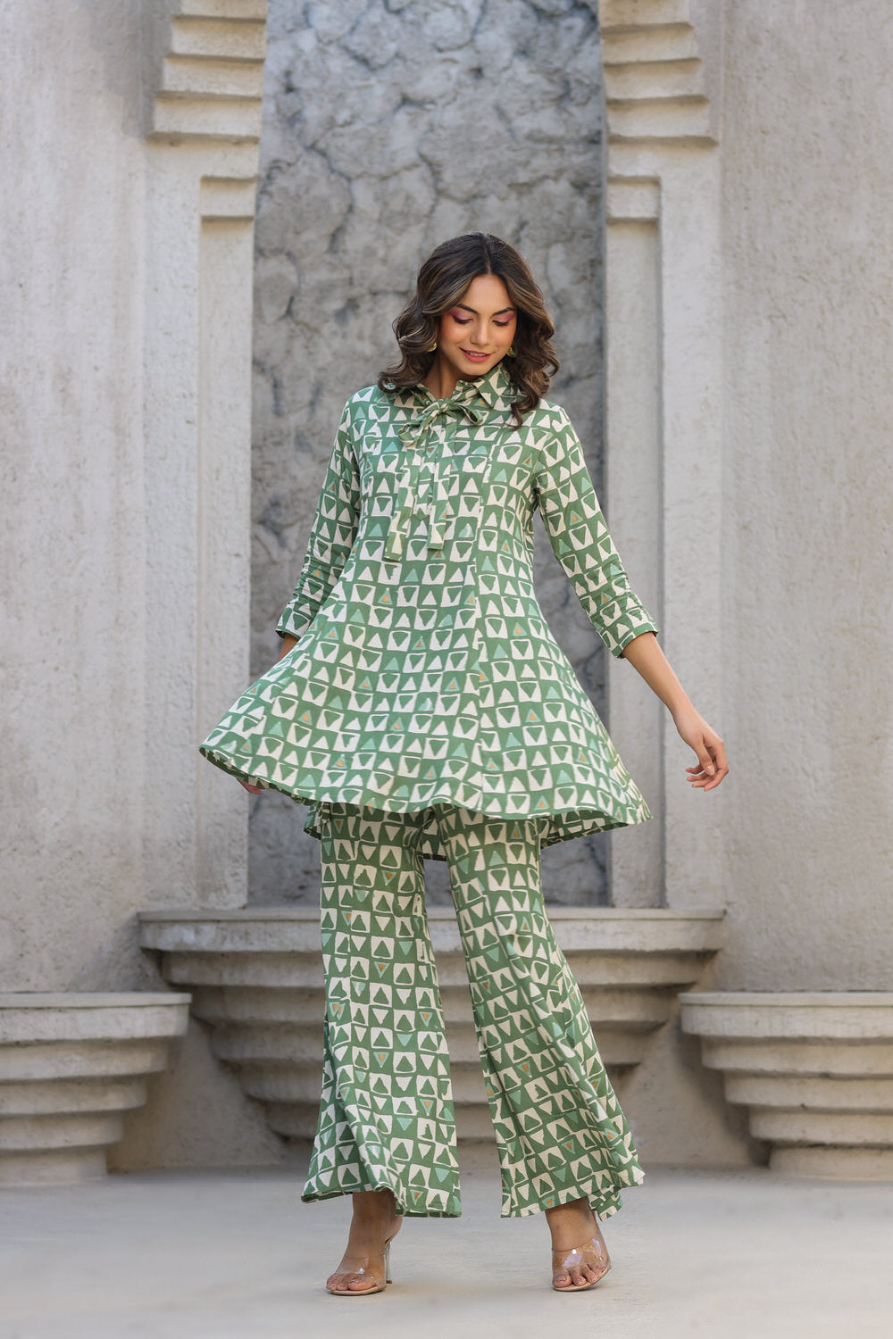 Abstract print on Green Muslin Silk Co ord Set