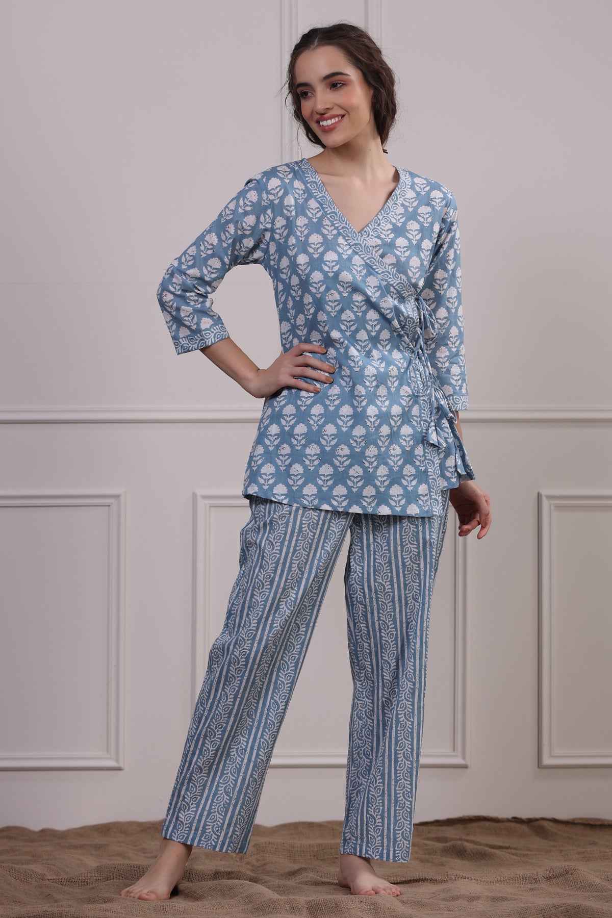 Floral Motifs with Stripes on Sky Blue Loungewear Top Set