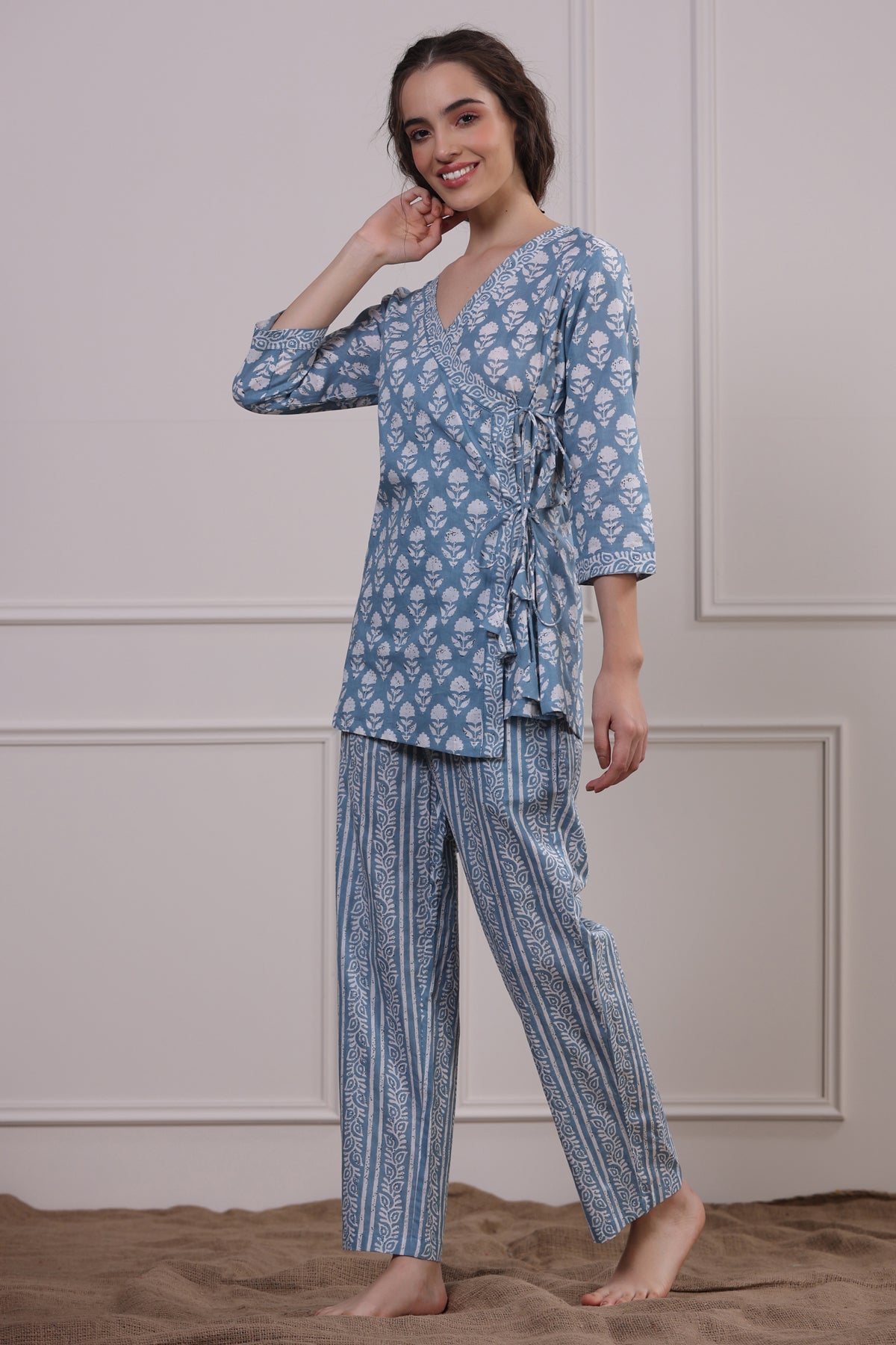 Floral Motifs with Stripes on Sky Blue Loungewear Top Set