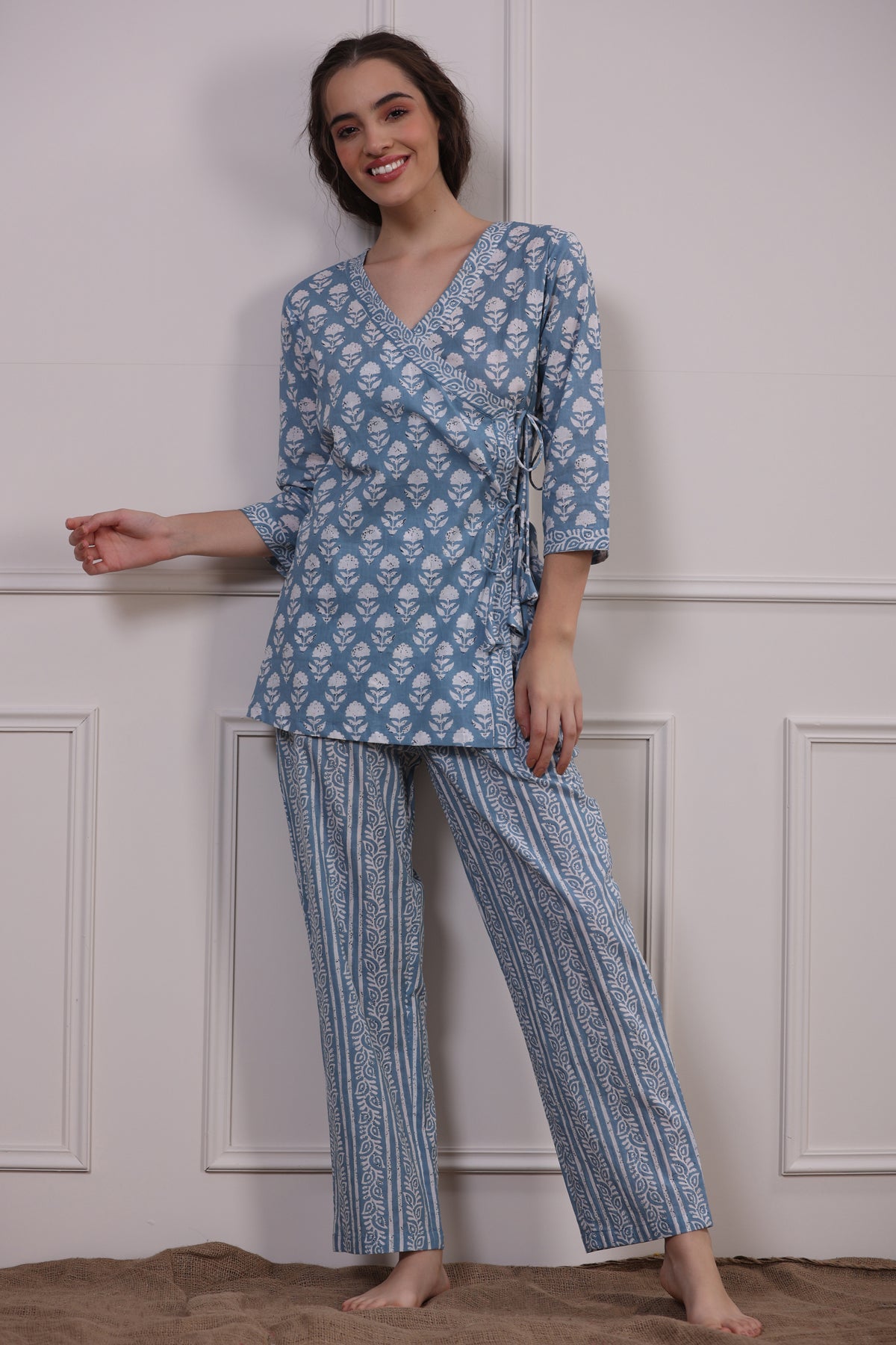 Floral Motifs with Stripes on Sky Blue Loungewear Top Set