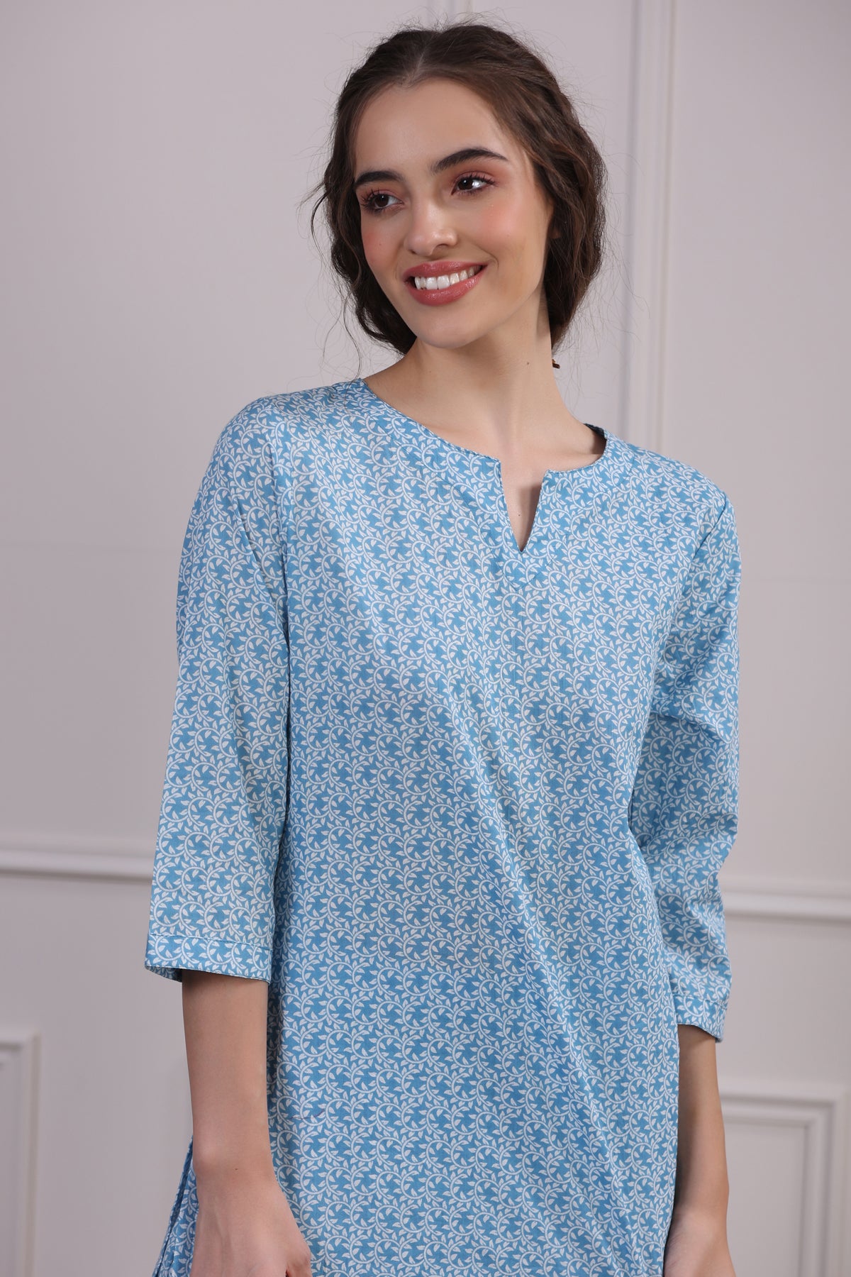 Floral Mosaic on Light Blue Loungewear Top Set