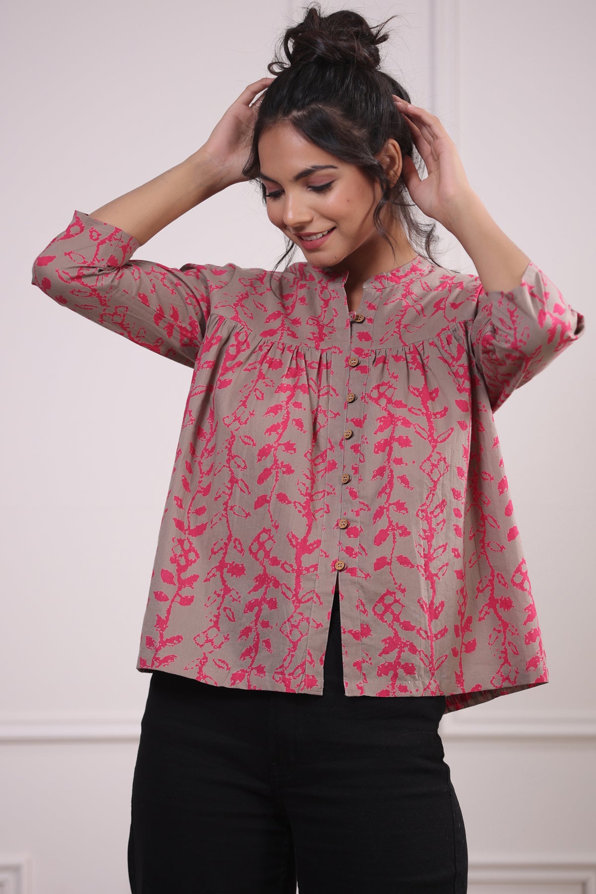 Flowing Leaves on Grey Short Kurti