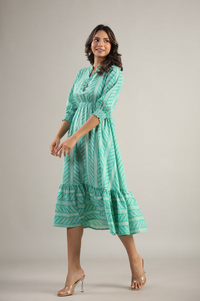 Patterned Shibori on turquoise MIDI Cotton Dress