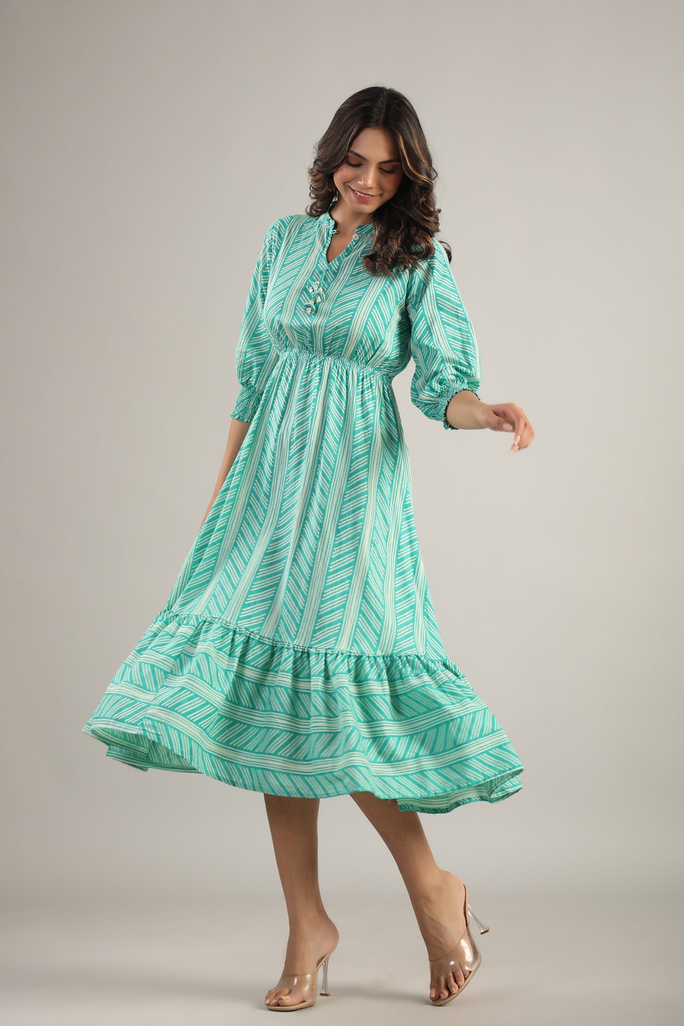 Patterned Shibori on turquoise MIDI Cotton Dress