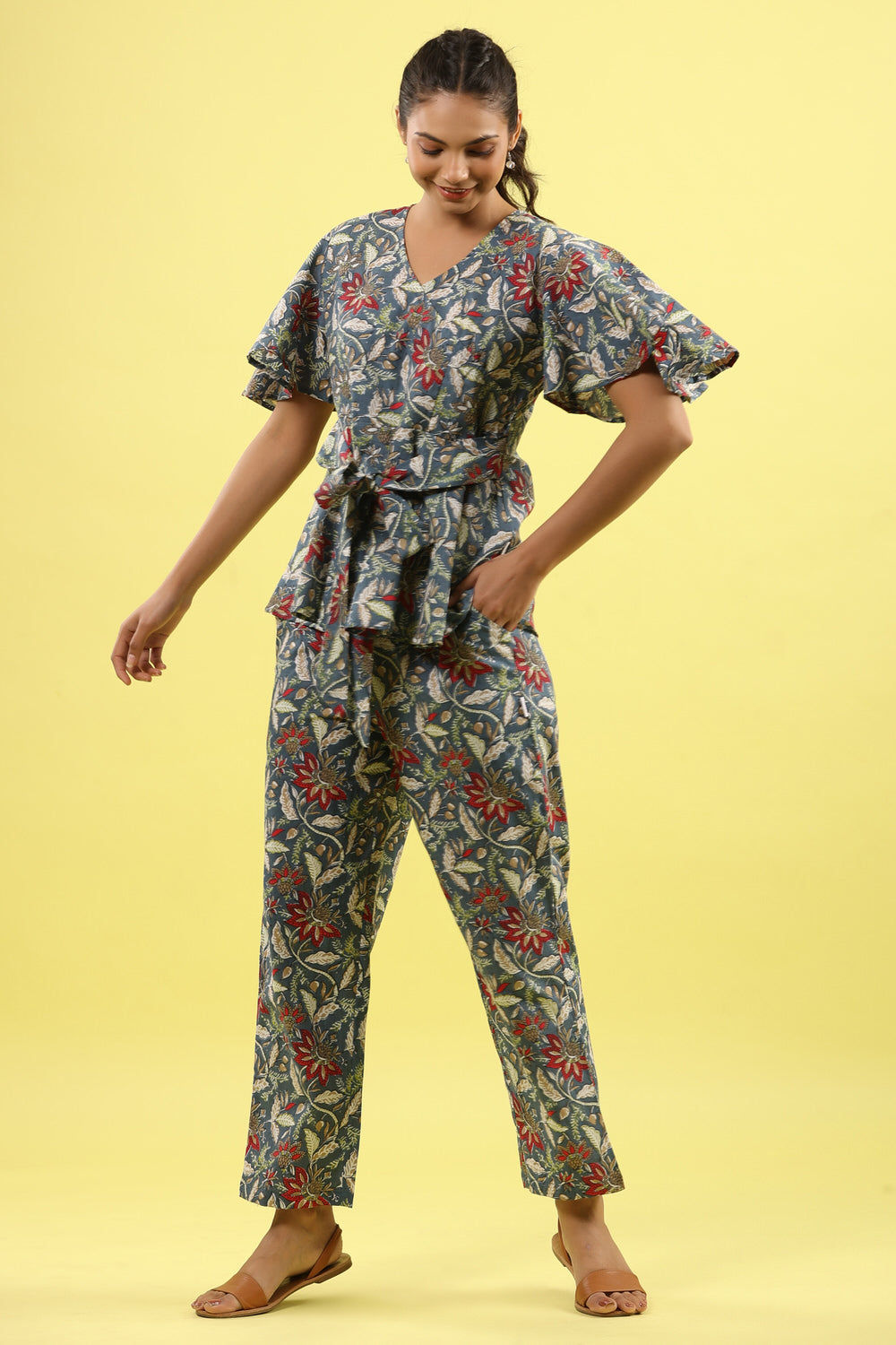 Floral Jaal Blue Tie up Lounge Co-ord Set