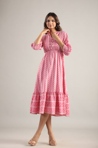 Patterned Shibori on Pink MIDI Cotton Dress