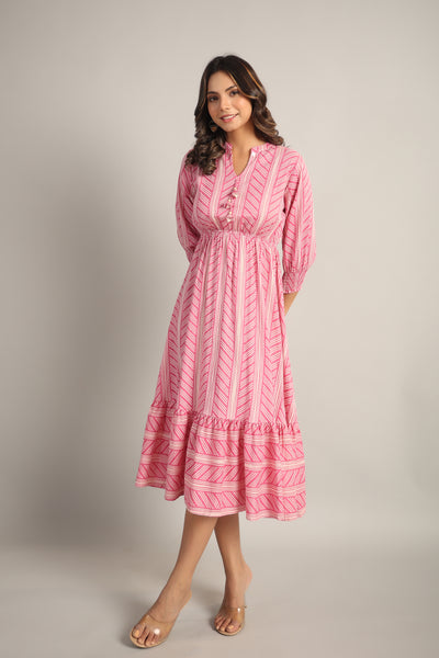 Patterned Shibori on Pink MIDI Cotton Dress