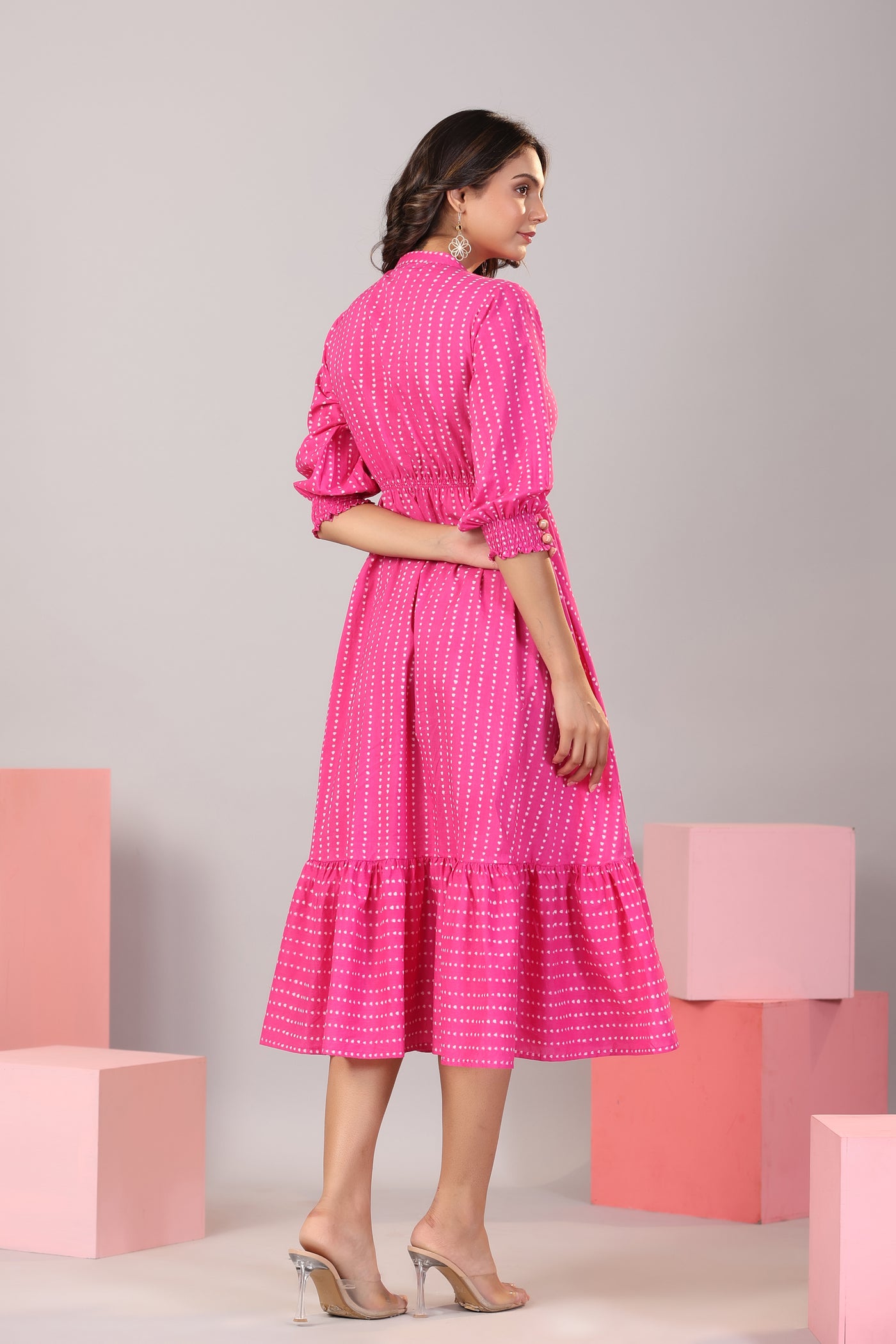 Dotted parallels on Pink Cotton MIDI Dress