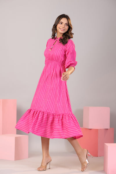 Dotted parallels on Pink Cotton MIDI Dress