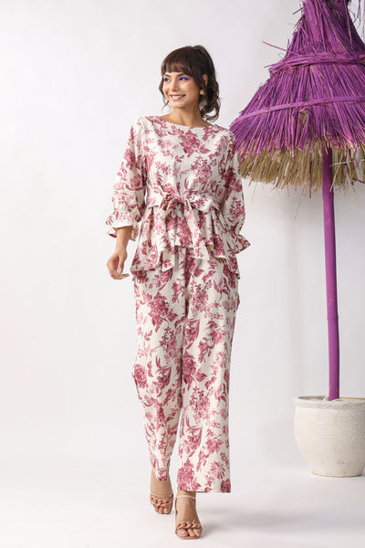 Pink Flower Bloom on Khadi Cotton Co-ord Set