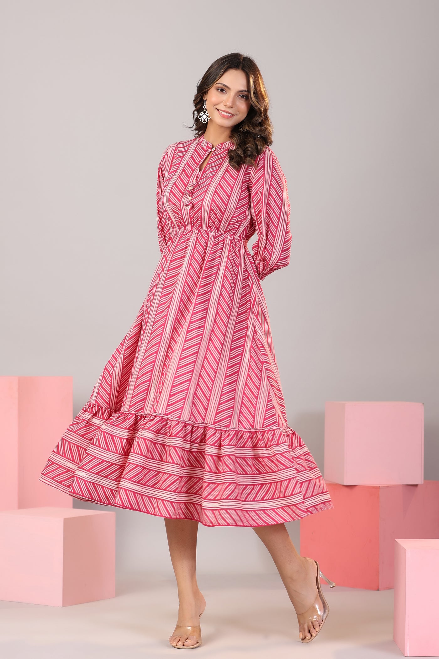 Patterned Shibori on Hot Pink MIDI Cotton Dress